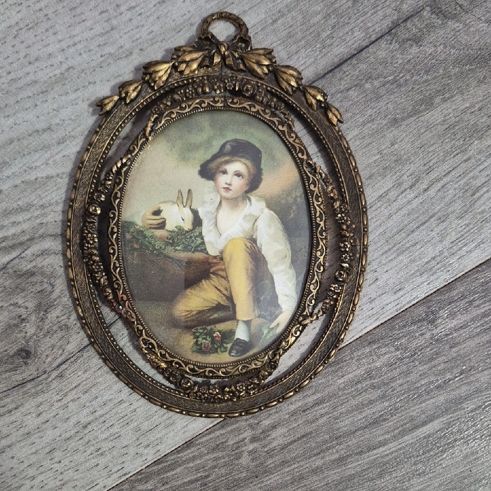 Vintage Gold Framed Boy And A Rabbit Portrait